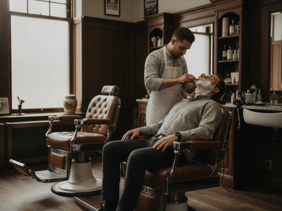 Barbier scheert een klant in een barbershop met houten kasten en een leren stoel