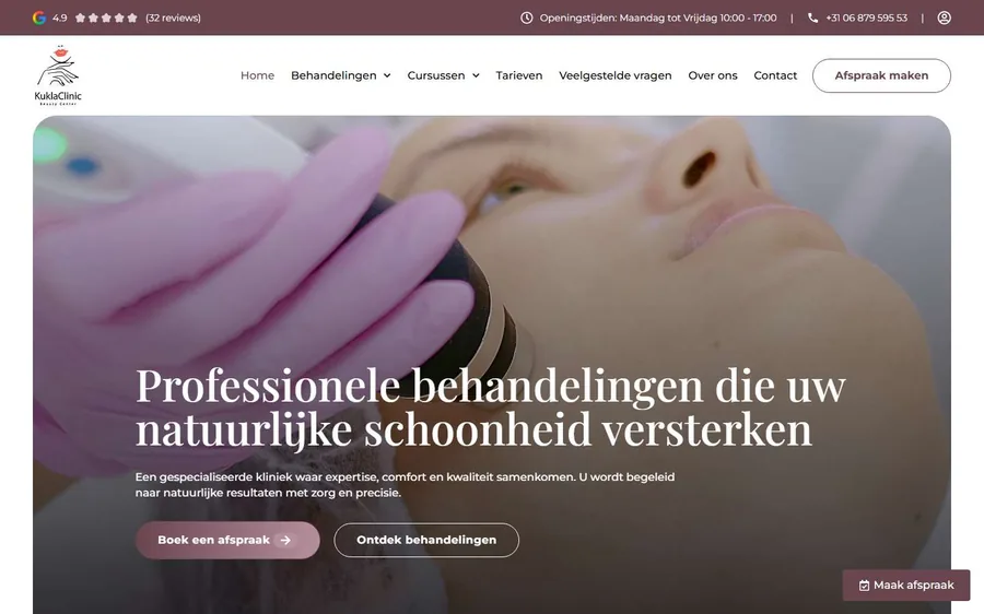 Schermafbeelding van de website van Kukla Clinic Beauty Centre
