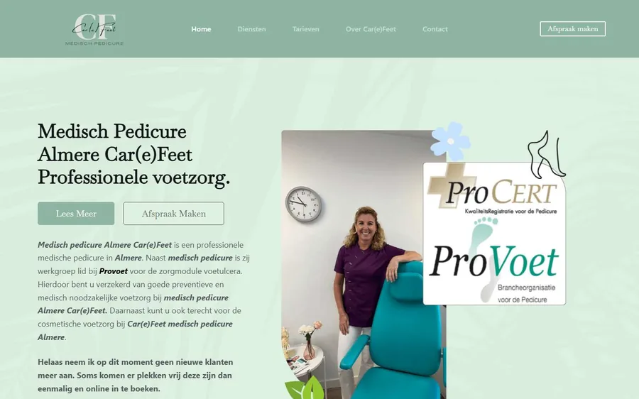 Schermafbeelding van de homepage van Car(e)Feet, medisch pedicure in Almere