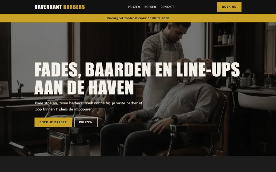 Schermafbeelding van het ontwerpvoorbeeld Barbershop Havenkant (fictief bedrijf)