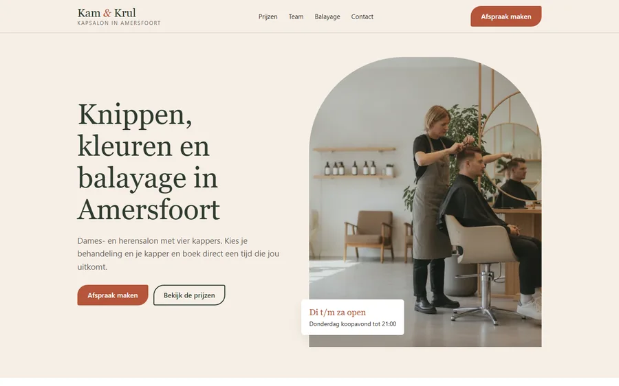 Schermafbeelding van het ontwerpvoorbeeld Kapsalon Kam & Krul (fictief bedrijf)