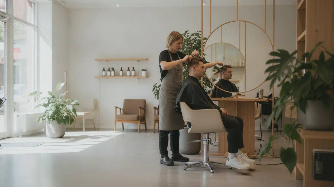 Kapster knipt een klant in een lichte kapsalon met grote ramen en planten