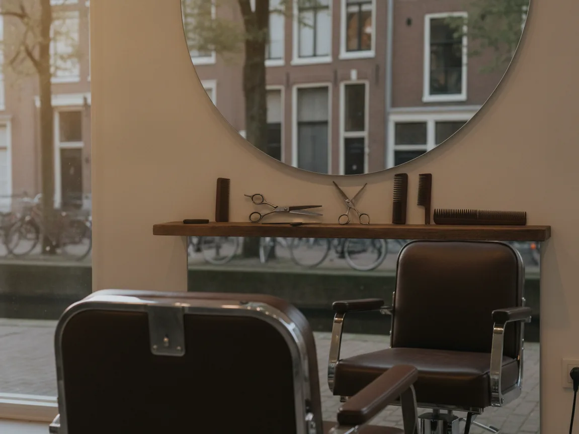 Twee leren kappersstoelen voor een ronde spiegel in een salon aan de gracht